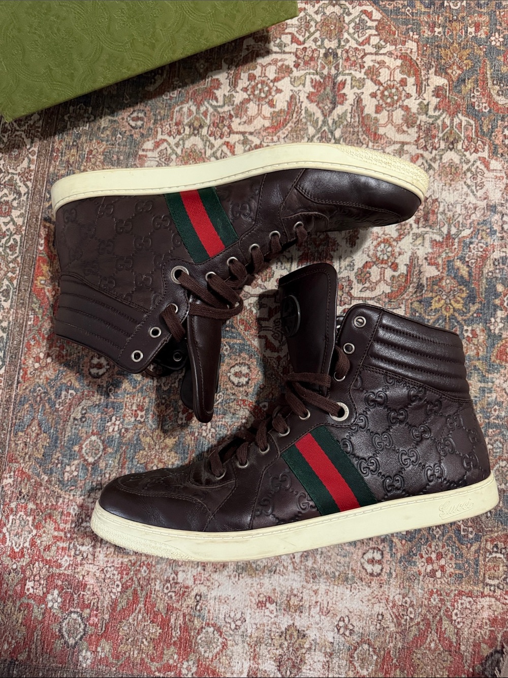 Gucci Brown High-Top Sneakers with Green-Red Web Stripe  MADE IN 🇮🇹 ITALY